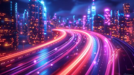 Fototapeta premium Futuristic cityscape with neon highways - generative ai