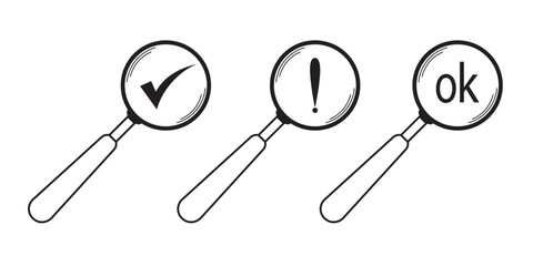 Magnifying glass. Attention. The exclamation point. OK. Illustration.