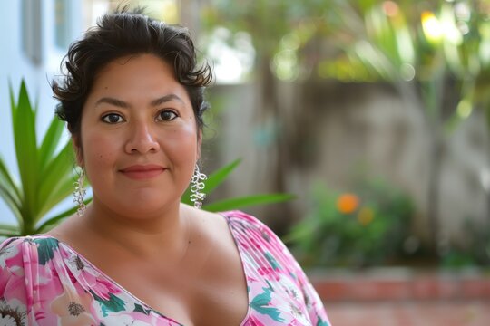 Voluptuous chubby hispanic housewife posing at her home backyard