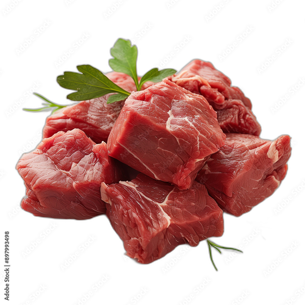 Poster fresh raw meat selection isolated on white background in high resolution 8k with realistic details a