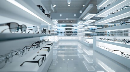 Modern glasses shop interior A wide range of glasses, available in various colors and designs,