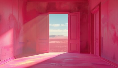 A pink room with an open door and light coming in, the wall is painted in shades of pink, minimalistic, with photorealism in the style of octane render, volumetric lighting, cinematic, ultra realistic