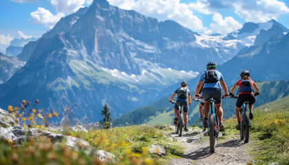Fototapeta premium A group of people are riding bicycles on a mountain trail, with the sky above and plants around