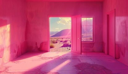 A pink room with an open door and light coming in, the wall is painted in shades of pink, minimalistic, with photorealism in the style of octane render, volumetric lighting, cinematic, ultra realistic