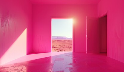 A pink room with an open door and light coming in, the wall is painted in shades of pink, minimalistic, with photorealism in the style of octane render, volumetric lighting, cinematic, ultra realistic