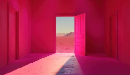 A pink room with an open door and light coming in, the wall is painted in shades of pink, minimalistic, with photorealism in the style of octane render, volumetric lighting, cinematic, ultra realistic