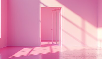 A pink room with an open door and light coming in, the wall is painted in shades of pink, minimalistic, with photorealism in the style of octane render, volumetric lighting, cinematic, ultra realistic