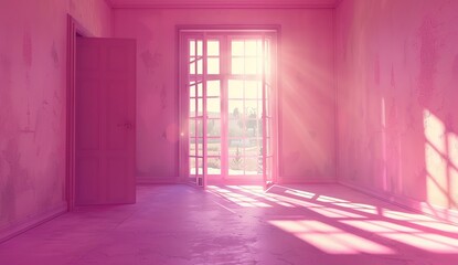 A pink room with an open door and light coming in, the wall is painted in shades of pink, minimalistic, with photorealism in the style of octane render, volumetric lighting, cinematic, ultra realistic