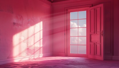 A pink room with an open door and light coming in, the wall is painted in shades of pink, minimalistic, with photorealism in the style of octane render, volumetric lighting, cinematic, ultra realistic