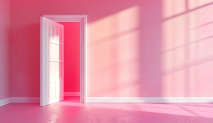 A pink room with an open door and light coming in, the wall is painted in shades of pink, minimalistic, with photorealism in the style of octane render, volumetric lighting, cinematic, ultra realistic
