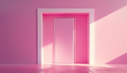 A pink room with an open door and light coming in, the wall is painted in shades of pink, minimalistic, with photorealism in the style of octane render, volumetric lighting, cinematic, ultra realistic
