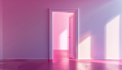 A pink room with an open door and light coming in, the wall is painted in shades of pink, minimalistic, with photorealism in the style of octane render, volumetric lighting, cinematic, ultra realistic