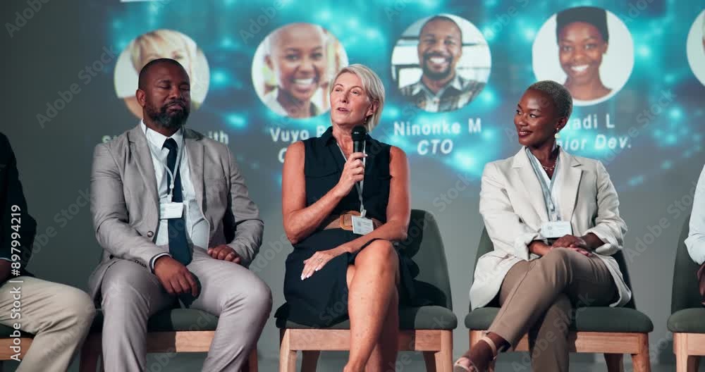 Poster presentation, conference and speaker with business people on a stage for discussion, startup and tal