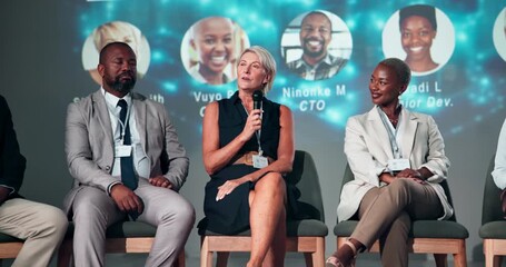 Presentation, conference and speaker with business people on a stage for discussion, startup and talking. Teamwork, audience and host panel of men and women in seminar, tradeshow and convention event - Powered by Adobe
