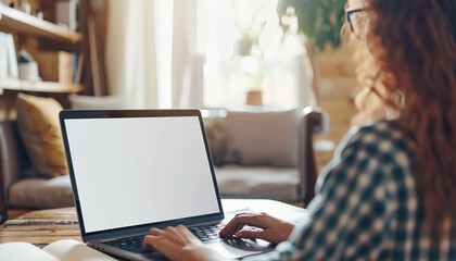 Fototapeta premium A woman is comfortably seated at a table, working on a laptop computer in a welldesigned room