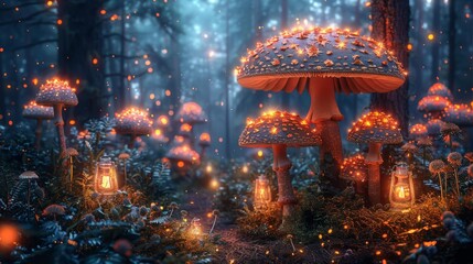 Mystical glowing mushrooms in enchanted forest - generative ai