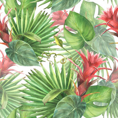 Fototapeta premium Tropical seamless pattern. Bromeliad flower, palm leaf, home plant leaves. Exotic red bud with leaf. Jungle greenery. Floral Hawaiian print. Watercolor hand drawn illustration on isolated background 