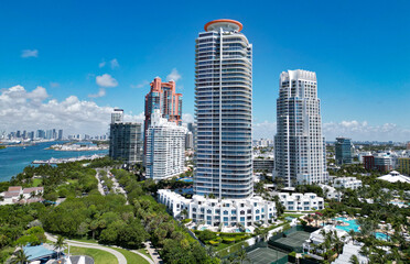 South beach aerial city. Cityscape. Miami beach skyscraper view. Marina in Miami Beach, Florida USA. Biscayne bay. Downtown Miami Marina with luxury cityscape view. Summer vacation. Luxury vacation