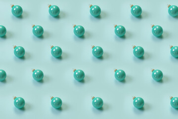 Background of turquoise Christmas tree balls for design. Christmas and gifts. Pattern and festive mood. 