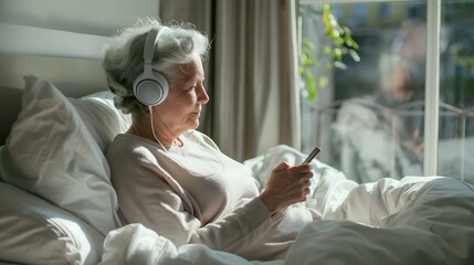 Elderly woman using wireless headphones listening to music on smartphone at home on white bed