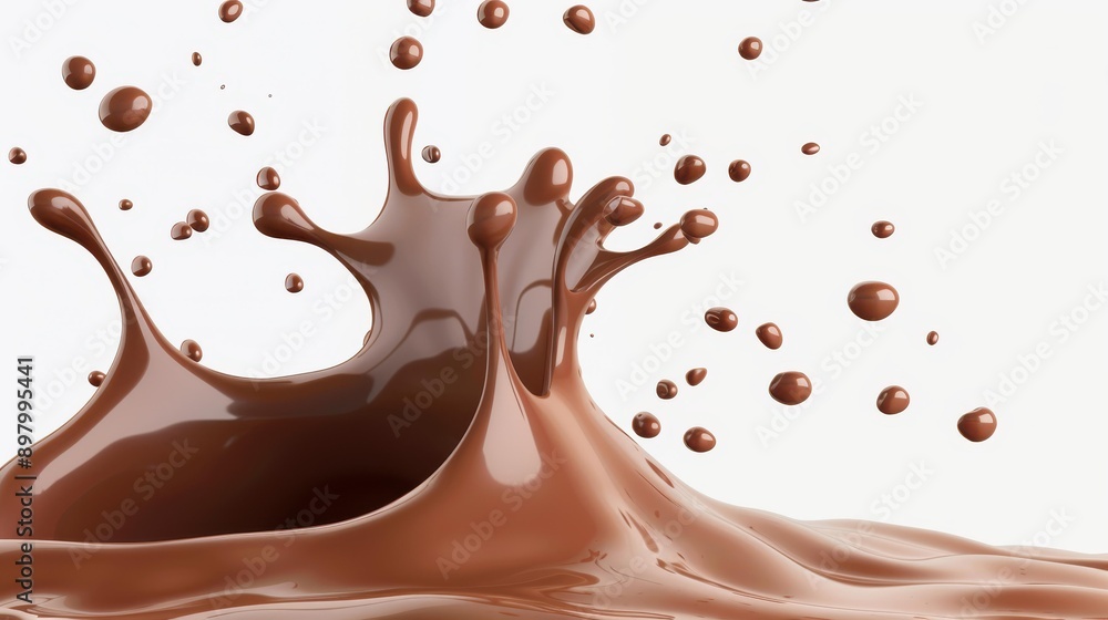 Poster a whimsical 3d rendering of chocolate splashes, showcasing rich textures and intricate designs, perf