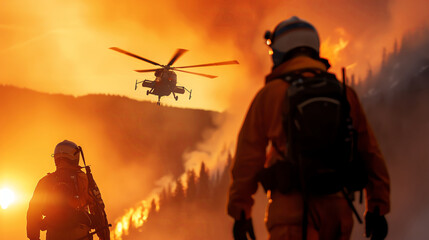 Fototapeta premium Wildfire rescue, burnt mountain operation, coniferous forest, detailed illustration, rescue team