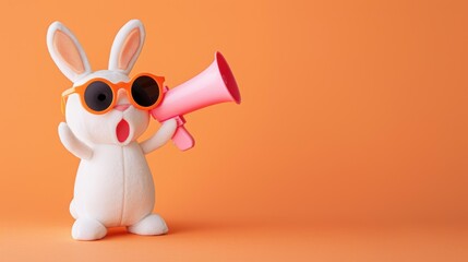 Obraz premium A trendy bunny rocks shades and holds a megaphone, ready to spread some cool vibes against a vibrant orange backdrop.