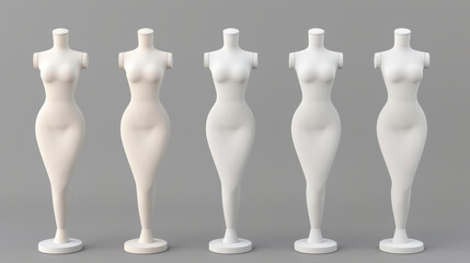 A vibrant row of sleek plastic mannequins displaying an array of stylish clothing. Perfect for fashion showcases