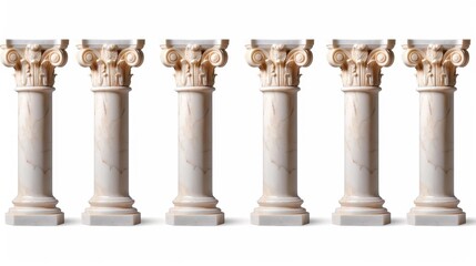 Collection of ancient marble columns isolated on white background for architectural designs.