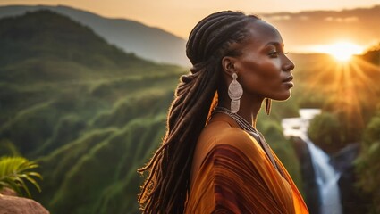 Nubian woman's blend of nature and artistry with flowing long length natural twist hairstyles vivid sunset painting illustration