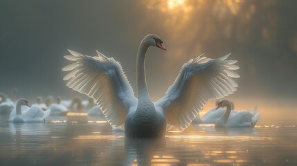 Graceful swan spreading wings at dawn on a misty lake - generative ai