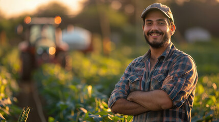 young farmer standing with tractor at agriculture field