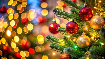 Fototapeta premium Vibrant Christmas Tree with Bokeh Lights and Ornaments