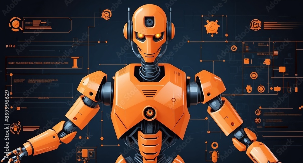 Poster orange theme robotic android blueprint technology abstract background digital artwork