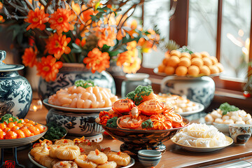 Food on Chinese New Year banquet table. New Year's Day according calendar. Traditional Happy Chinese New Year party table in red and gold theme and traditional decorations Asian in Chinese celebration