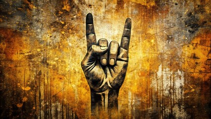 Distressed grunge textured background with metallic hand sign art in bold graphic design elements, perfect for punk rock show gig poster flyer event templates.