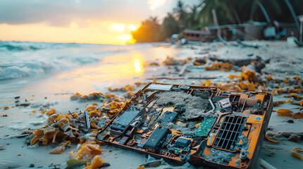 Scrap electronic device circuit waste leave beach by sea morning sunlight in background. Crt tv tube tv on beach. Pollutes animals and nature. Industrial Waste Dump (Garbage Pile). Natural pollution