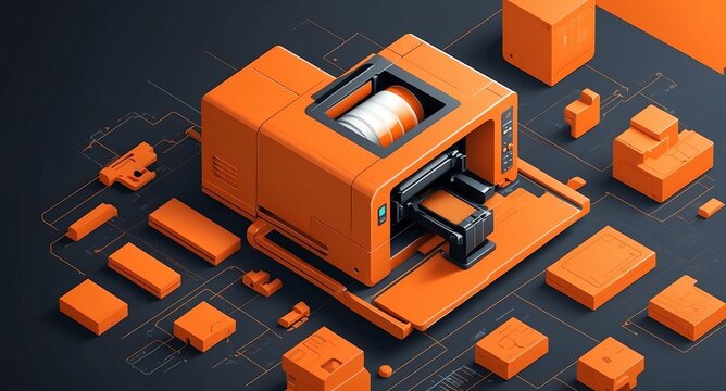 orange theme three dimension printer schematic technol technology abstract background digital artwork
