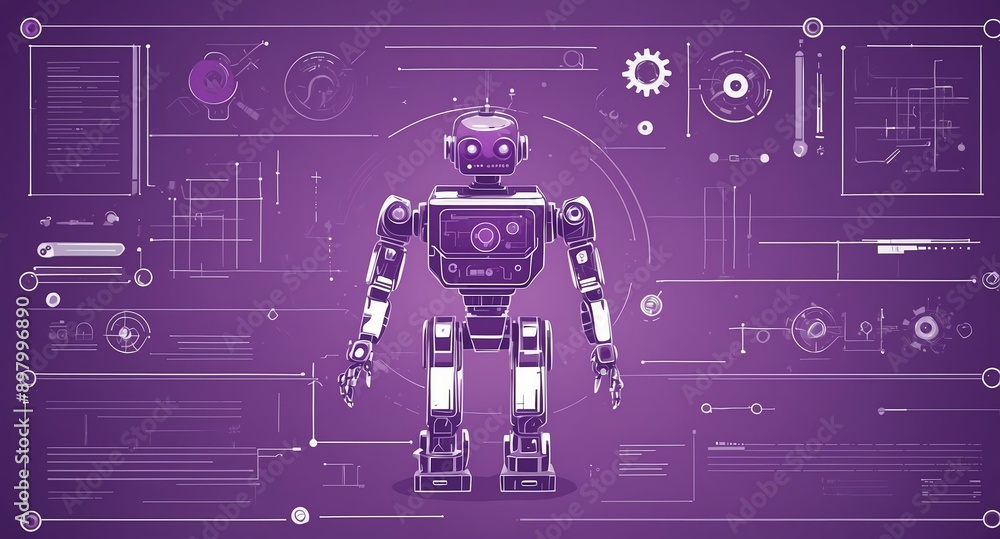 Poster purple theme robotic android blueprint technology abstract background digital artwork