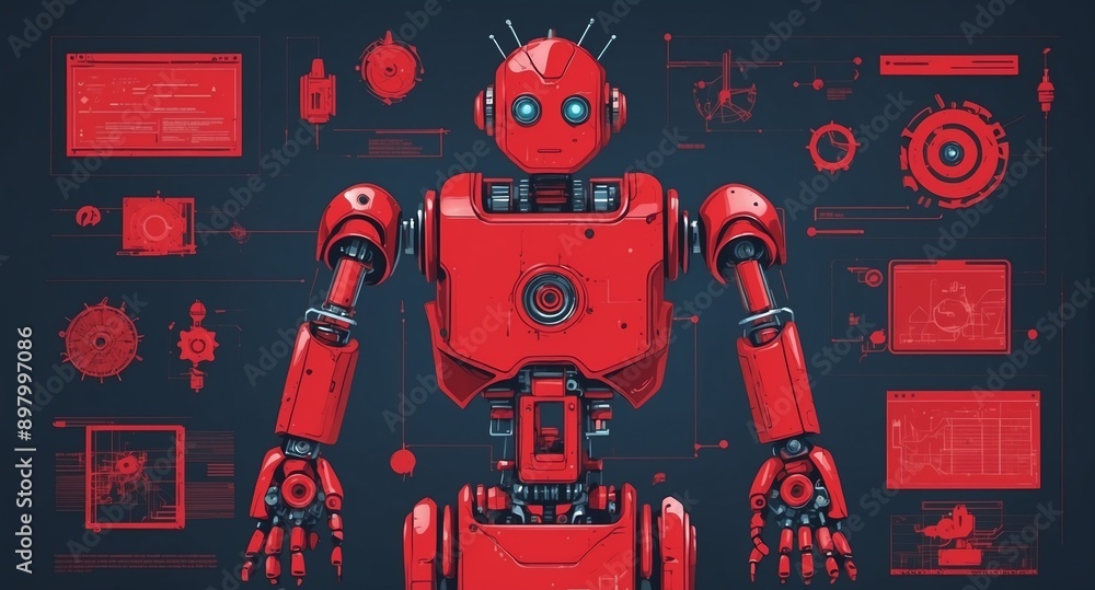 Poster red theme robotic android blueprint technology abstract background digital artwork