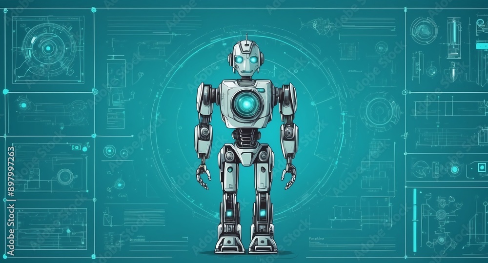 Poster teal theme robotic android blueprint technology abstract background digital artwork