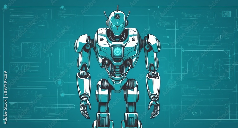 Poster teal theme robotic android blueprint technology abstract background digital artwork