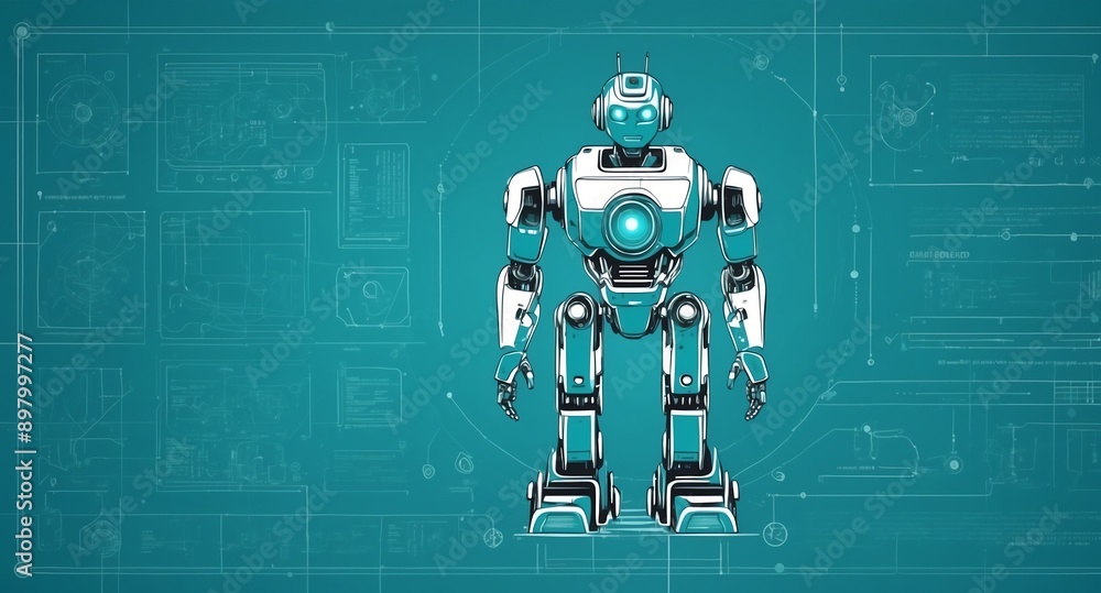 Poster teal theme robotic android blueprint technology abstract background digital artwork