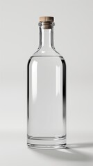 Clear glass bottle with wooden cork on white background, reflecting a minimalist design.