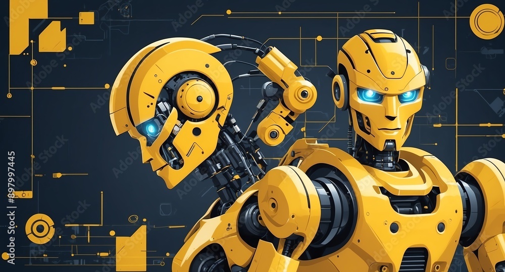 Poster yellow theme robotic android blueprint technology abstract background digital artwork