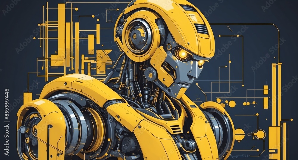 Aufkleber yellow theme robotic android blueprint technology abstract background digital artwork