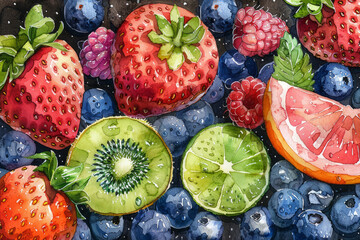 Tasty fresh Fruits, oranges, strawberry. AI generative