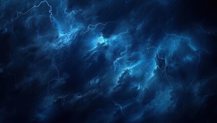 Fototapeta premium Abstract background of dark storm clouds with lightning in blue and black colors, high resolution. This dramatic and intense scene captures the raw power of nature, perfect for creative projects