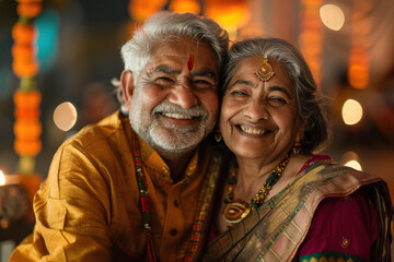 Obraz premium senior indian couple celebrating diwali festival