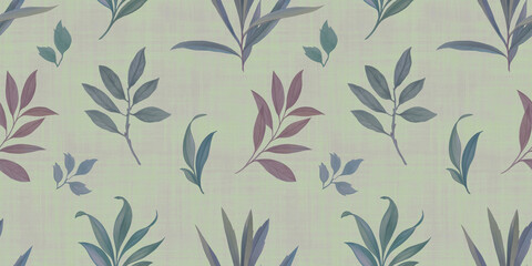 Watercolor leaves design. Illustration of drawn branches with leaves for design, seamless background, colorful hand drawn illustration for wallpaper, packaging and print